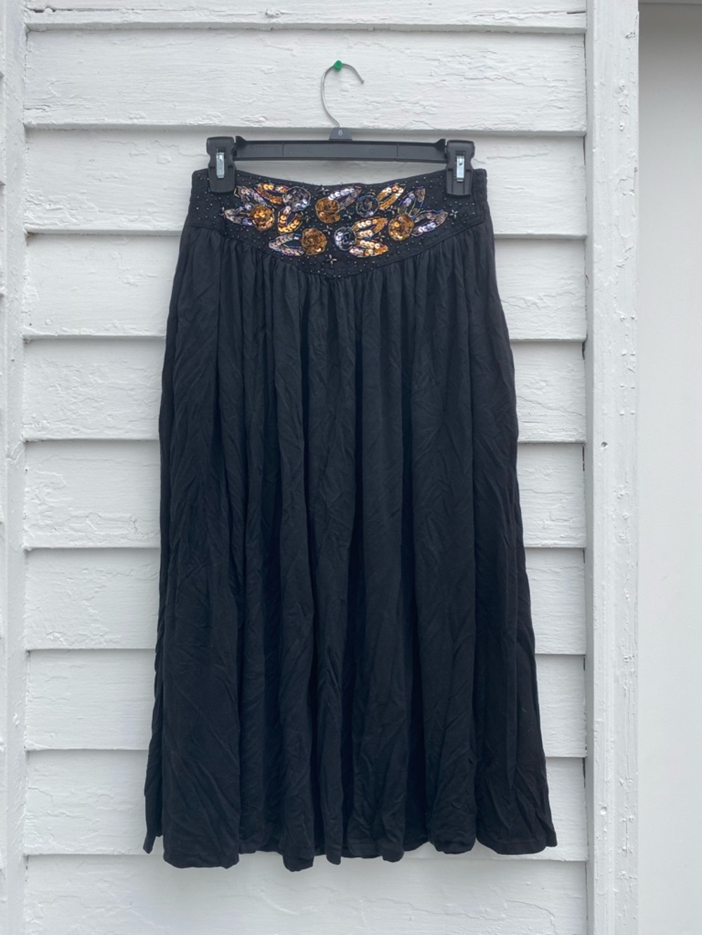 Embellished Black Maxi Skirt with Gold Sequin High Waist Detail Boho Gypsy